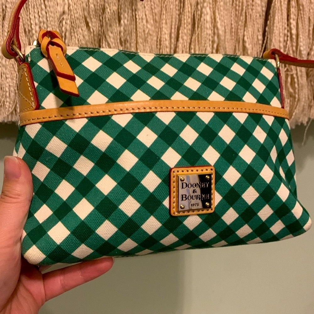 Dooney Green and White Gingham Dooney and Bourke Crossbody Purse Pocketbook
